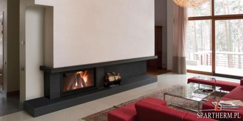 Panoramiczny kominek z szerokim wkładem kominkowym, projekt i budowa kominka, Pomorskie, 